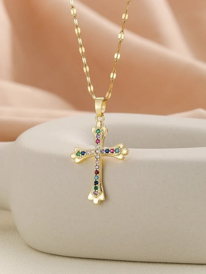 Copper Inlay Cross Rhinestones Pendant Necklace
