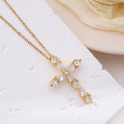 304 Stainless Steel Copper Inlay Cross Zircon Pendant Necklace