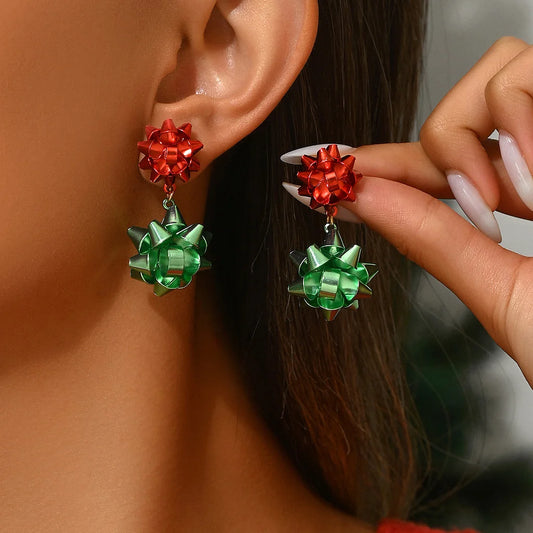 2 Pairs Alloy Christmas Women's Red Green Iron Flower Meteor Ball Earrings Ear Studs Earrings For Women