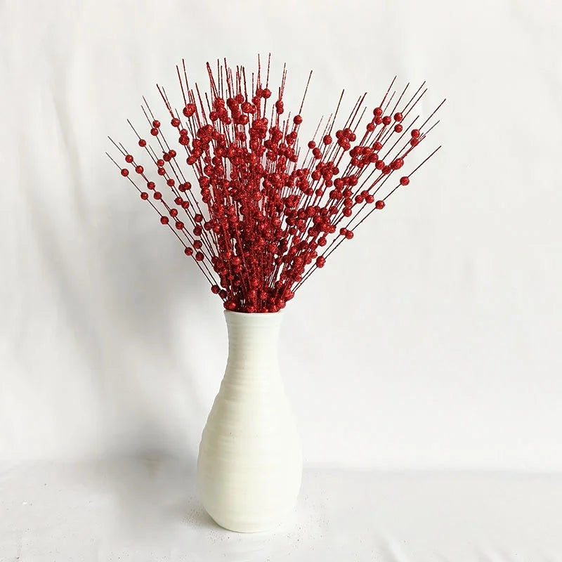 Christmas Decorations 43cm 12 Fork Gold Powder Ball Christmas Tree Garland Rattan Sequins Simulation Berry Branches Bundle