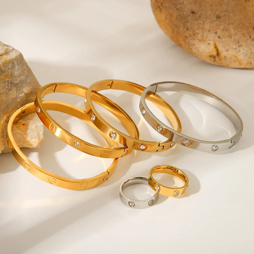 IG Style Round Stainless Steel Diamond Inlay Bangles