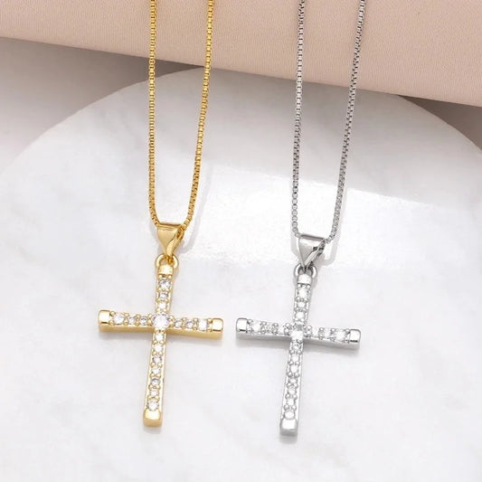 Copper 18K Gold Plated Plating Inlay Cross Zircon Pendant Necklace