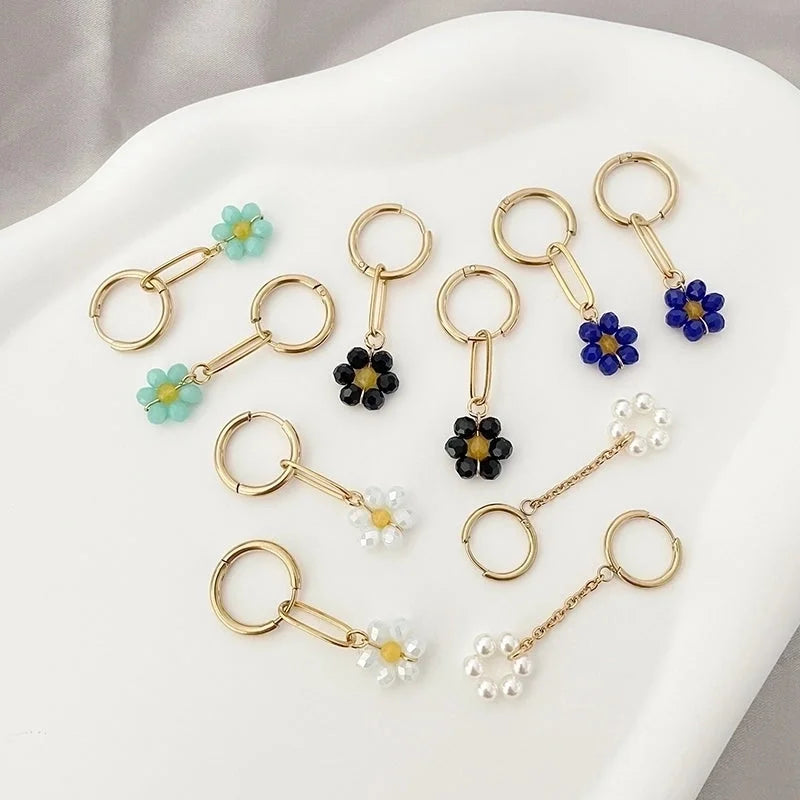 1 Pair Sweet Flower Polishing Crystal Plating 304 Stainless Steel Beaded Crystal Beads 14K Gold Plated Drop Earrings