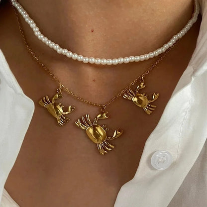 Elegant Retro IG Style Conch Crab 316L Stainless Steel Imitation Pearl 18K Gold Plated Three-dimensional Necklace