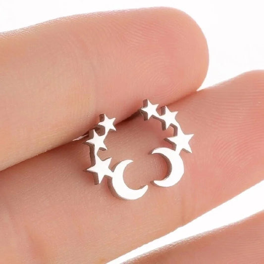1 Pair Minimalist Star Moon 304 Stainless Steel 18K Gold Plated Ear Studs