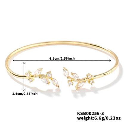 Copper K Gold Plated Shiny Metallic Inlay Geometric Leaf Zircon Bangle
