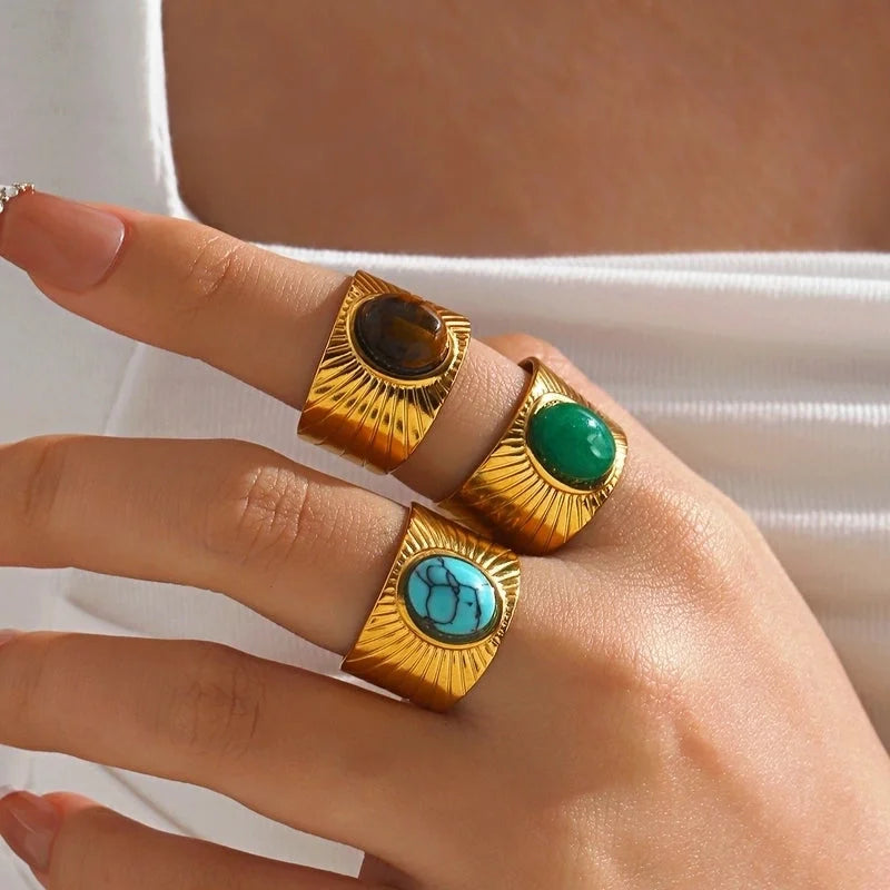 Retro Exaggerated Oval 304 Stainless Steel Natural Stone Turquoise 18K Gold Plated Plating Inlay Open Rings