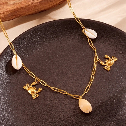 Cute Sweet Star Bow Knot Shell Titanium Steel Pearl 18K Gold Plated Hollow Out Inlay Pendant Necklace