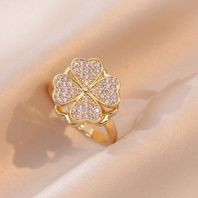 Casual Elegant Flower Copper Zircon Open Rings