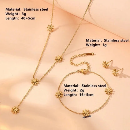 Sweet Minimalist Flower Titanium Steel 18K Gold Plated Bracelets Necklace Jewelry Set