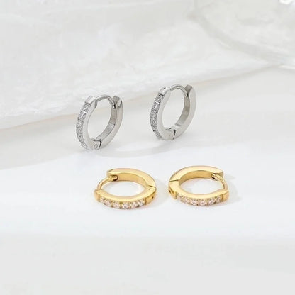 1 Pair Elegant Minimalist Solid Color Inlay 304 Stainless Steel Zircon White Gold Plated Gold Plated Hoop Earrings