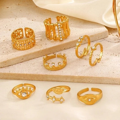 Minimalist Classic Style Round Eye 304 Stainless Steel Rhinestones 18K Gold Plated Plating Inlay Rings