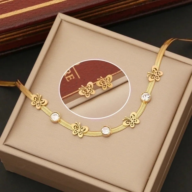 Stainless Steel 18K Gold Plated Fashion Inlay Animal Star Heart Shape Zircon Earrings Necklace