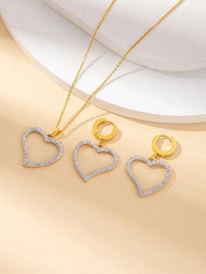 IG Style Minimalist Heart Shape Titanium Steel Shell Zircon Inlay Earrings Necklace