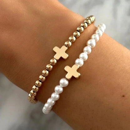 Minimalist Classic Style Cross Round Imitation Pearl Bracelets
