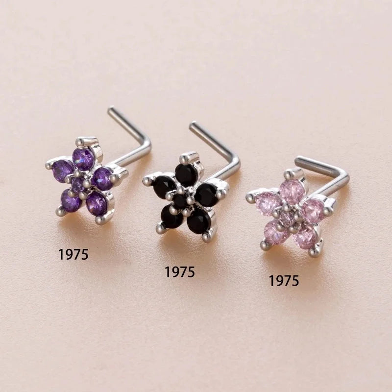 1 Piece Nose Rings & Studs Casual Sweet Korean Style Flower 316L Stainless Steel Copper Inlay Zircon Nose Rings & Studs