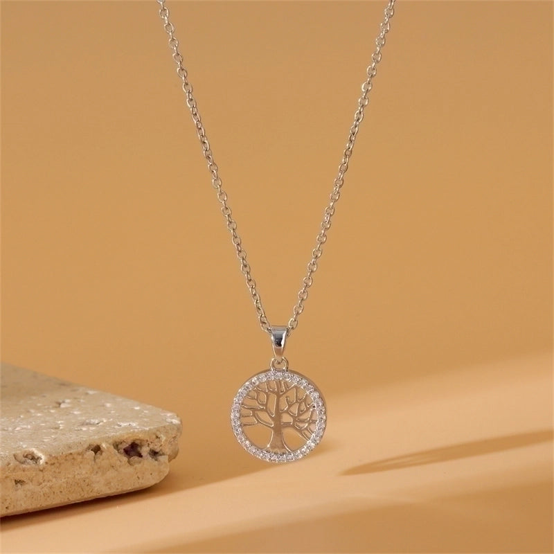 304 Stainless Steel Titanium Steel White Gold Plated Minimalist Plating Inlay Life Tree Zircon Pendant Necklace