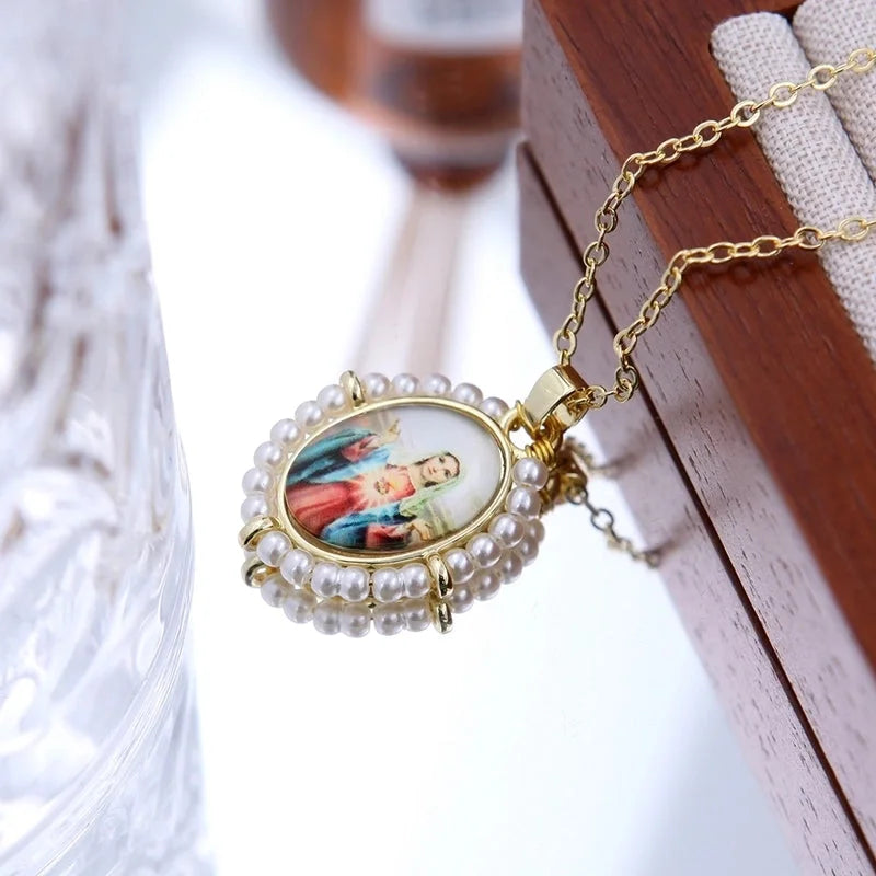 Shell Copper 18K Gold Plated Portrait Virgin Mary Pendant Necklace