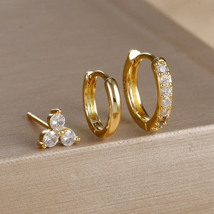 3 Pieces Set IG Style Minimalist Shiny Geometric Inlay Copper Zircon Earrings