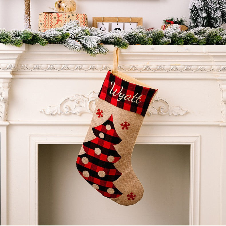 2 Pieces Christmas Stocking Decoration Supplies Red And Black Plaid Burlap Patch Embroidery Children's Gift Bag Holiday Decoration