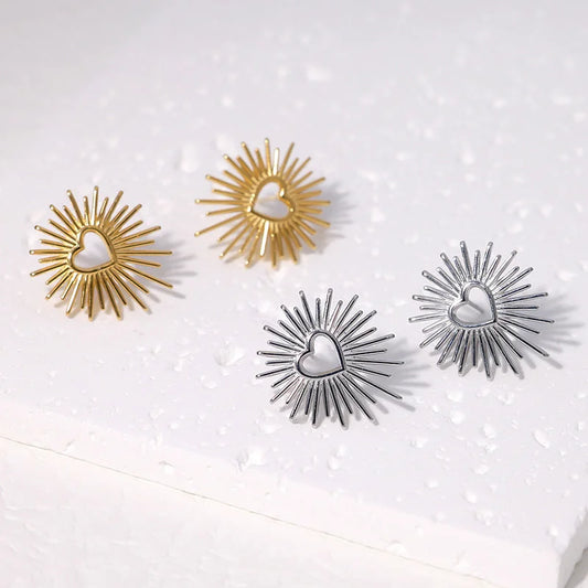 Stripe Heart Stainless Steel Electroplating Stud Earrings