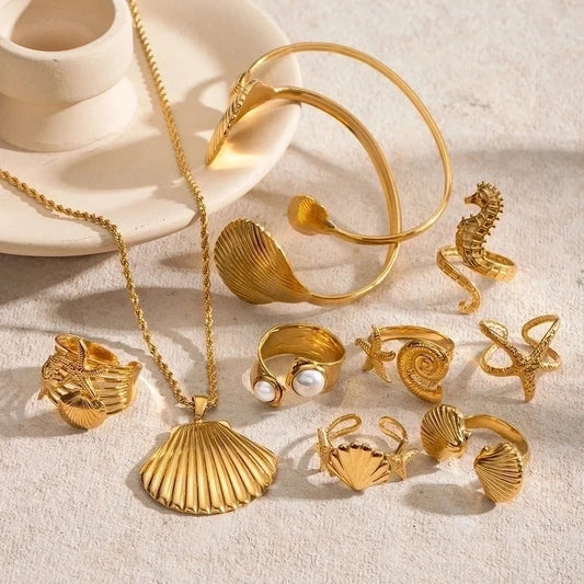 IG Style Vacation Minimalist Starfish Hippocampus Shell 304 Stainless Steel Artificial Pearls 18K Gold Plated Scallop Inlay Rings Earrings Necklace