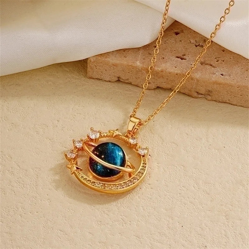 IG Style Minimalist Universe Starry Sky 304 Stainless Steel Copper Plating Inlay Gold Plated Zircon Charms Necklace