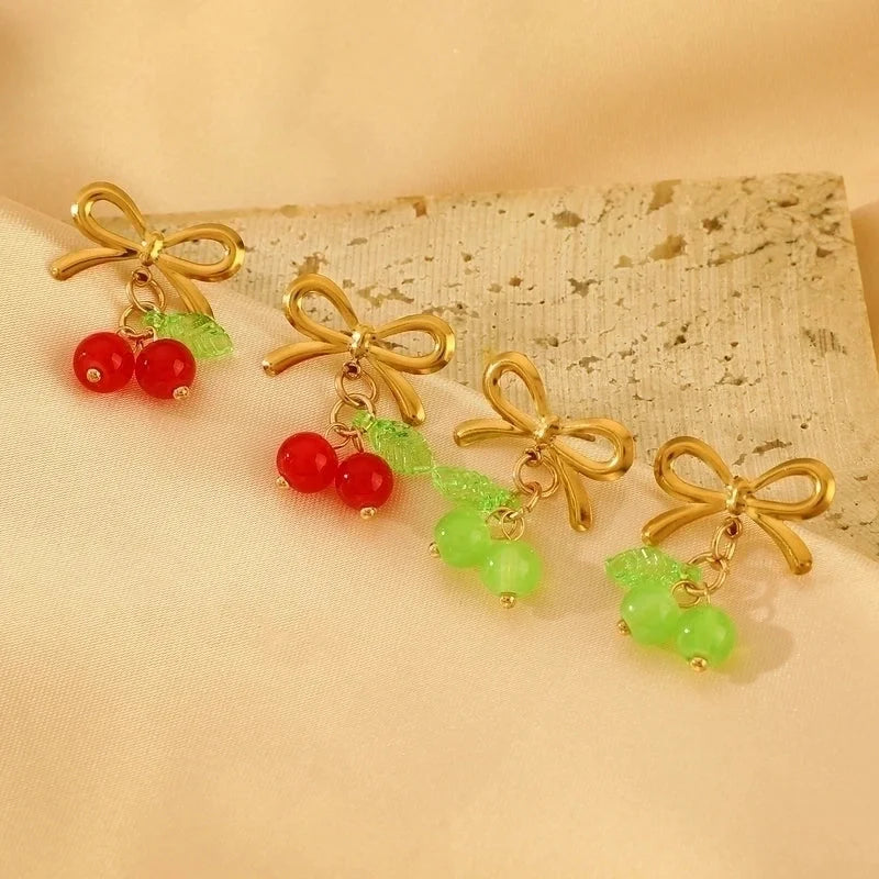 Sweet Minimalist Cherry Bow Knot 304 Stainless Steel Rings Earrings