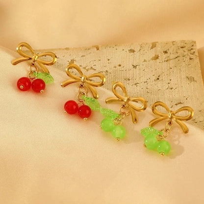 Sweet Minimalist Cherry Bow Knot 304 Stainless Steel Rings Earrings