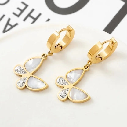 1 Pair Fashion Butterfly Polishing Plating Inlay Titanium Steel Shell Zircon Drop Earrings