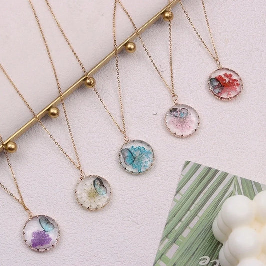 Glass Copper Sweet Flower Butterfly Pendant Necklace