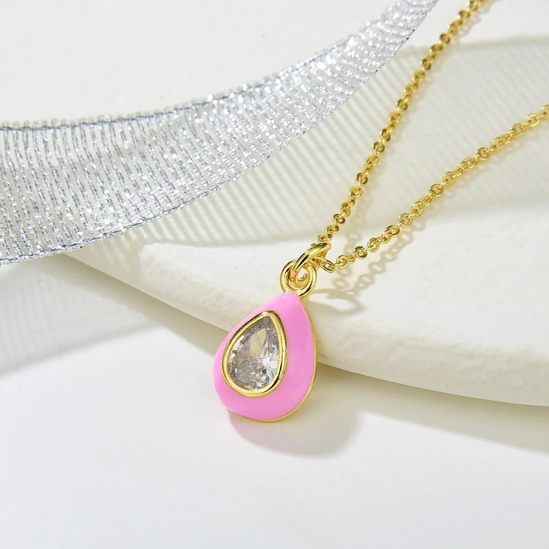 Copper Enamel Inlay Water Droplets Zircon Pendant Necklace