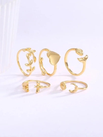 Copper 18K Gold Plated Animal Moon Leaves Open Rings