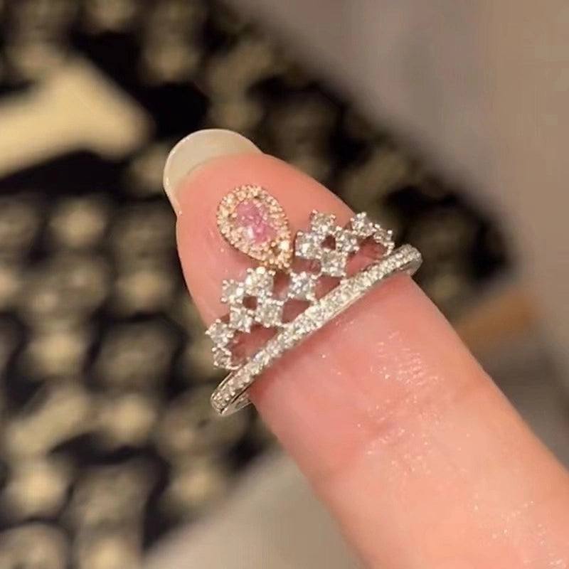 Elegant Sweet Oval Crown Copper Plating Inlay Rhinestones Open Rings