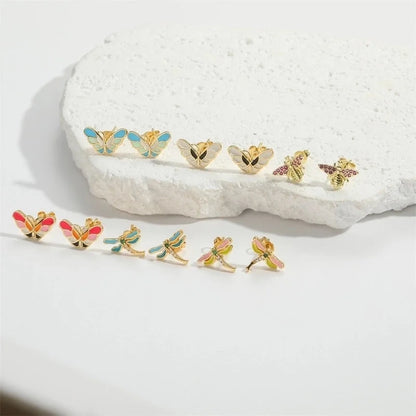 1 Pair Elegant Minimalist Commute Dragonfly Butterfly Enamel Inlay Copper Zircon 14K Gold Plated Ear Studs
