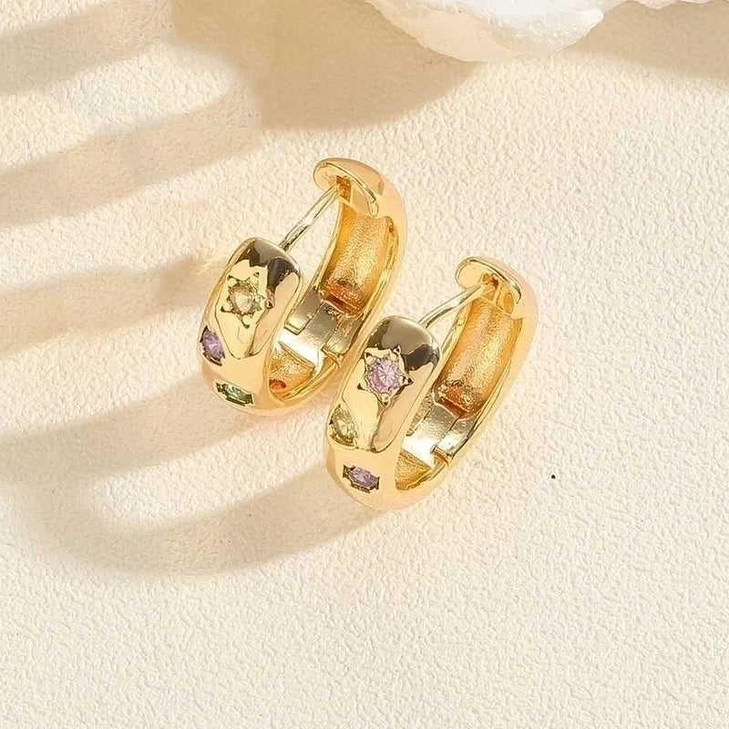 1 Pair Minimalist Round Copper Zircon 14k Gold Plated Hoop Earrings