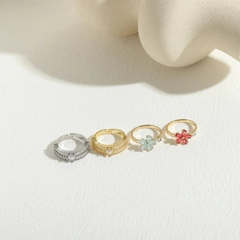 Minimalist Classic Style Round Flower Copper Asymmetrical Plating Inlay Zircon 14k Gold Plated Open Rings