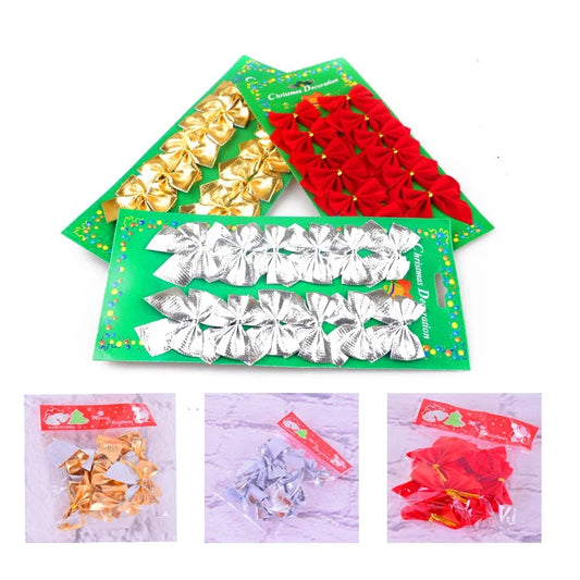 Hot Sale Christmas Decorations 5.5cm Mini Gold And Silver Red Cloth Bow Christmas Tree Decorations 12 Pieces Packaging