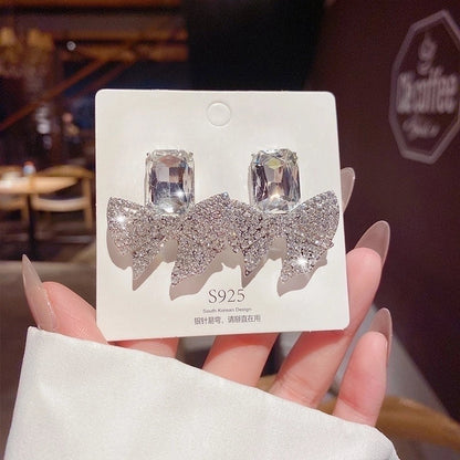 Fashion Heart Shape Bow Knot Copper Inlay Zircon Drop Earrings 1 Pair