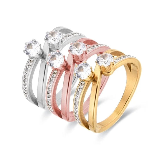 Elegant Glam Shiny Geometric Titanium Steel Zircon Rose Gold Plated White Gold Plated Gold Plated Asymmetrical Criss Cross Rings