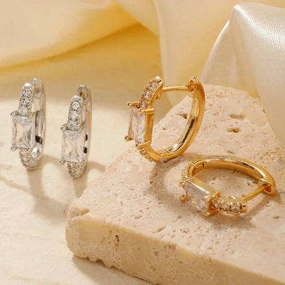 2 Pieces Glam Minimalist Shiny Geometric Inlay Copper Zircon K Gold Plated Earrings