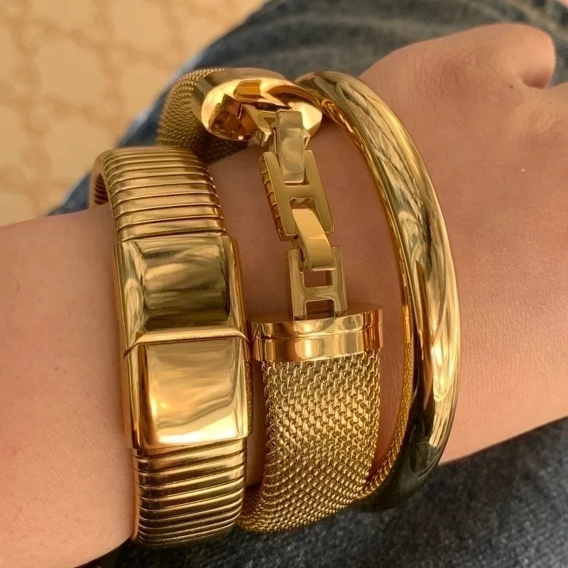 3 Pieces Modern Style Solid Color 304 Stainless Steel 16K Gold Plated White Gold Plated Gold Plated Bangle In Bulk