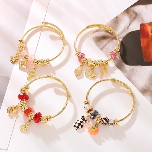 Cute Animal Pumpkin Heart Shape 304 Stainless Steel Alloy Rhinestones Bangle In Bulk Stainless Steel Bracelets Halloween