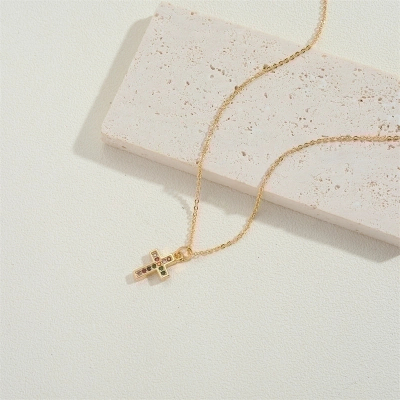 Copper 14K Gold Plated Vintage Style Minimalist Commute Inlay Cross Palm Zircon Pendant Necklace