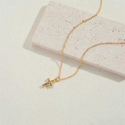 Copper 14K Gold Plated Vintage Style Minimalist Commute Inlay Cross Palm Zircon Pendant Necklace