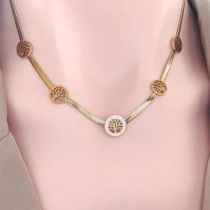 Fashion Tree 304 Stainless Steel Rhinestones 18K Gold Plated Inlay Stainless Steel Necklaces