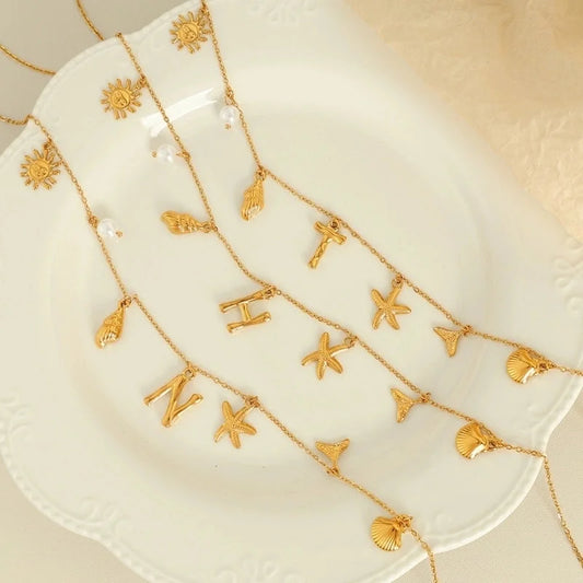 Beach Starfish 304 Stainless Steel Artificial Pearls 18K Gold Plated Polishing Inlay Pendant Necklace