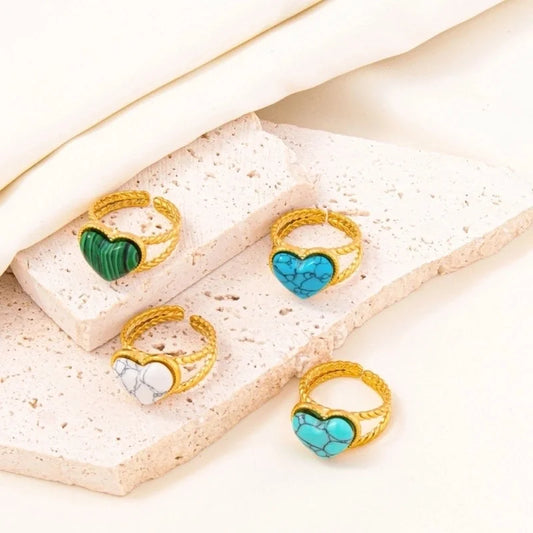 304 Stainless Steel Minimalist Inlay Heart Shape Artificial Gemstones Rings
