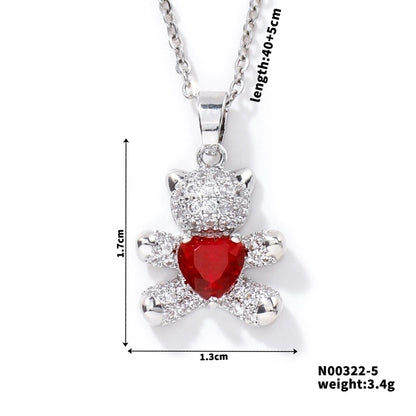 304 Stainless Steel Copper Rhodium Plated Inlay Bear Heart Shape Glass Zircon Pendant Necklace