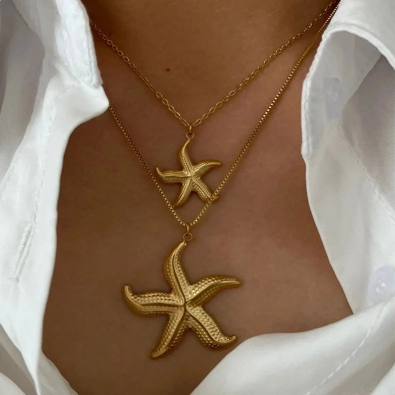 Marine Style Starfish Conch Shell 316L Stainless Steel 18K Gold Plated Pendant Necklace